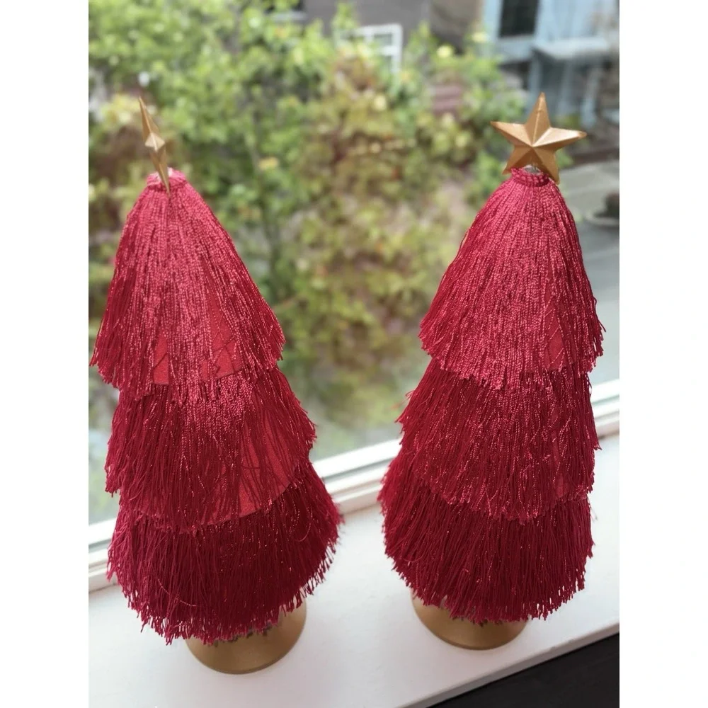 Set of 2 Red Tassel Christmas Trees Gold Star Toppers Tabletop Holiday Decor